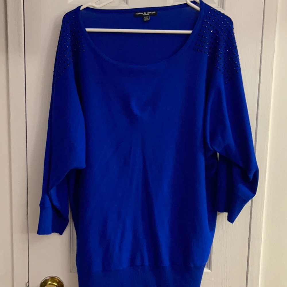 Navy blue sweater with black stone shoulder detail